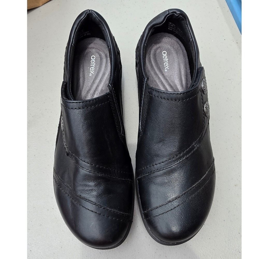 Aetrex Karina Black Leather Slip On Loafers Shoes Womens 8.5 DM500WW Comfort